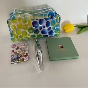 Green eyeshadow palette, mirror, mascara & pouch